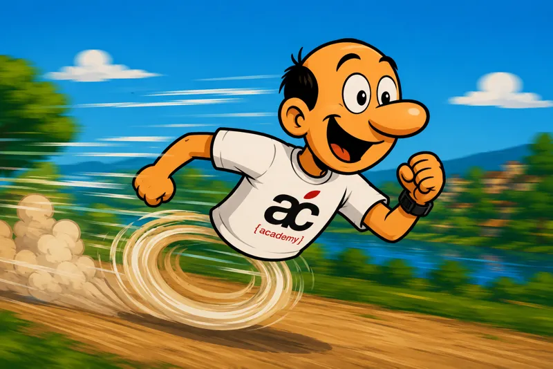 Jorge running at full speed down a dirt road, wearing a white t-shirt with the AC Academy logo, the background blurred by motion and clouds of dust rising under his feet from his speed.