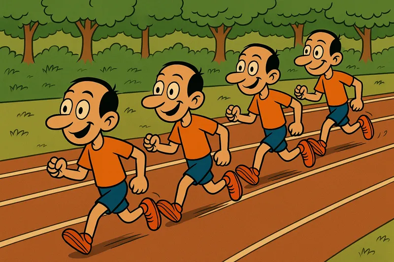 Varios Jorges corriendo por la misma linea uno detras de otros.