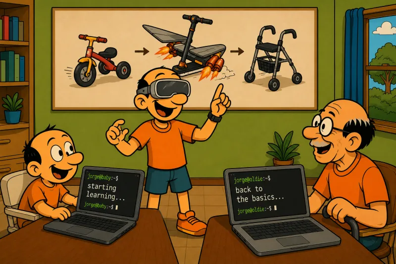 Ilustración de tres Jorges a una mesa: el de niño con un portátil mostrando 'starting learning...' en el terminal, el adulto de pie con gafas de VR señalando un diagrama en la pared que muestra la evolución triciclo → patinete cohete → andador, y el de mayor con un portátil mostrando 'back to the basics...' en el terminal.