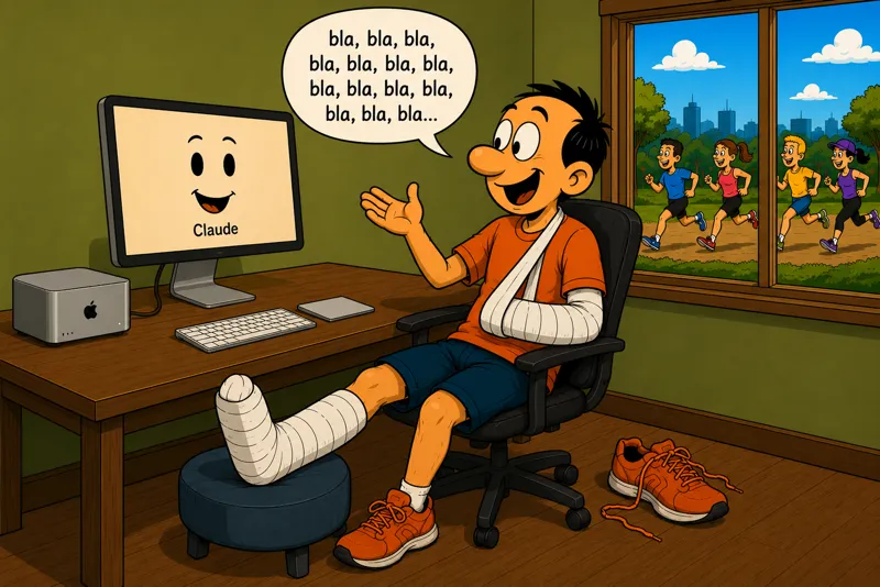 Jorge sitting at his desk with his arm and leg in casts talking animatedly with Claude, represented as a monitor with a smiling face, with a speech bubble saying "bla, bla, bla...". In the background, through the window, other runners can be seen training in the street. His running shoes are on the floor beside him.