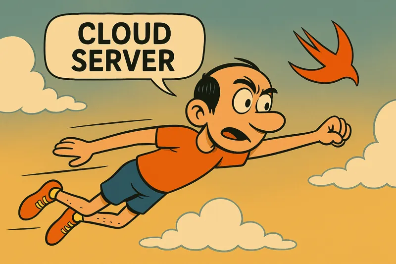 Jorge volando a través de las nubes y el logotipo de Swift volando al lado, en el bocadillo pone Cloud Server