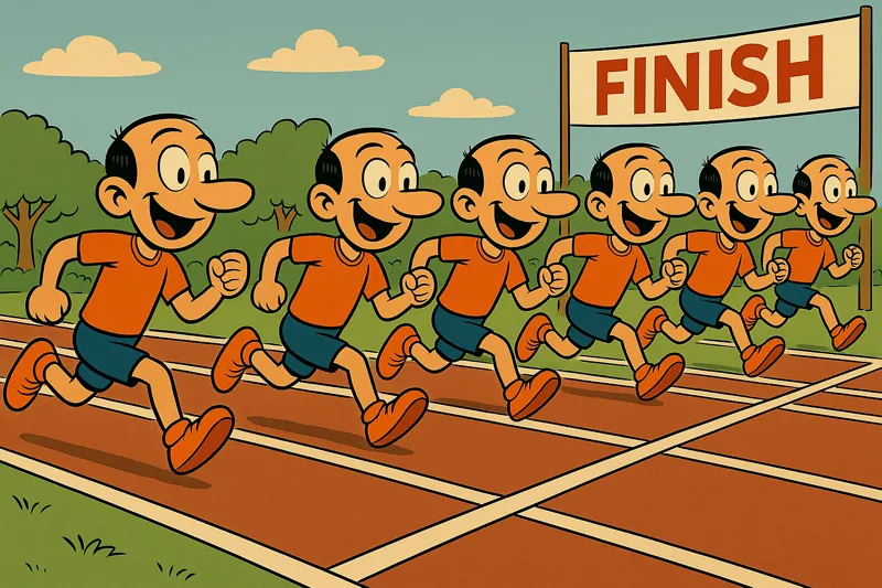 Varios Jorges corriendo por lineas paralelas y llegando al mismo tiempo a la meta.