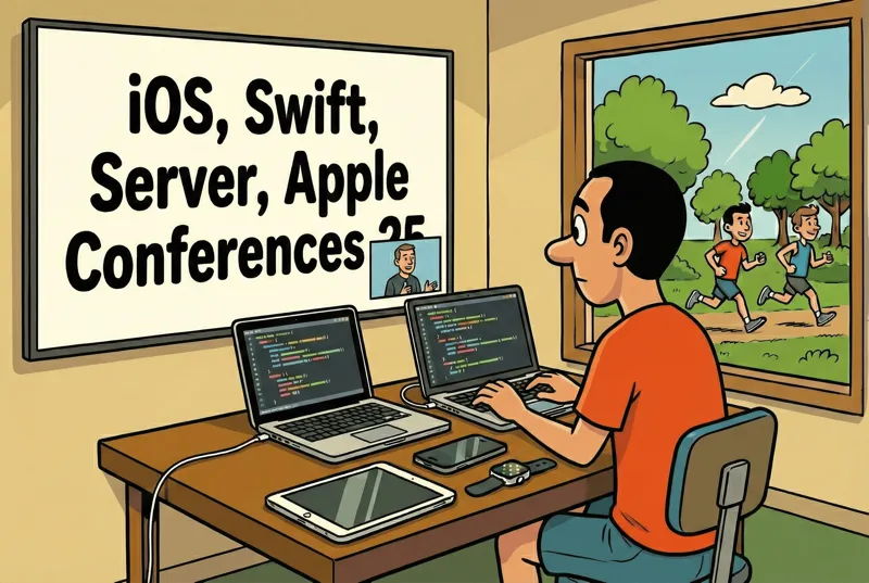 Jorge frente a su pantalla programando y viendo las conferencias de 2025 sobre iOS, Swift, Server y Apple en una televisión en frente suya.