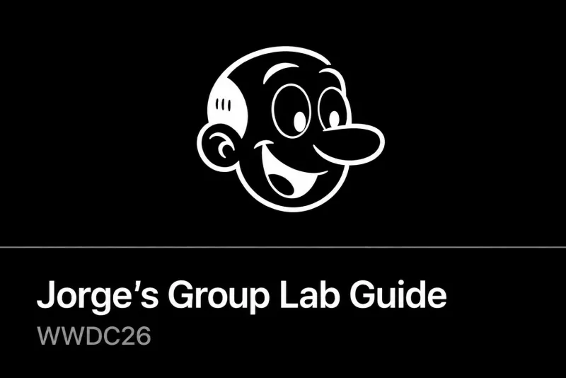 Ilustración inspirada en los covers oficiales de los Group Labs de Apple, con el icono del personaje animado de Jorge sobre un círculo y el texto "Jorge's Group Lab Guide WWDC26".