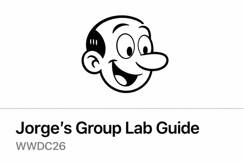 Ilustración inspirada en los covers oficiales de los Group Labs de Apple, con el icono del personaje animado de Jorge sobre un círculo y el texto "Jorge's Group Lab Guide WWDC26".