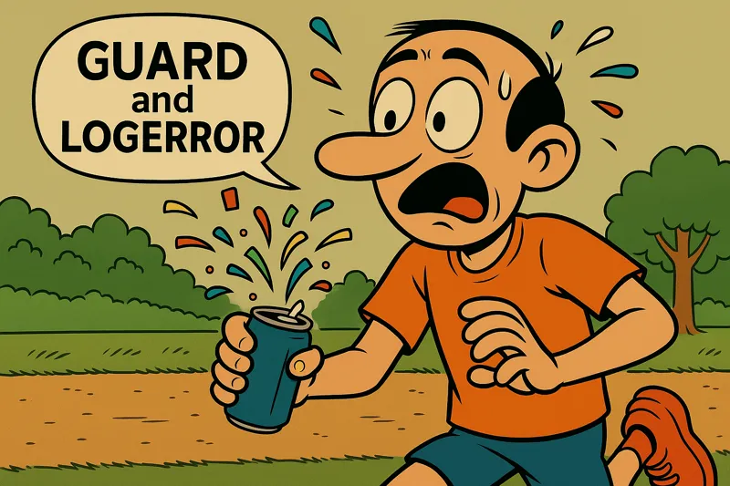 Jorge corriendo mientras abre una bebida de la que salen confetis sin esperarlo. En el bocadillo pone GUARD and LOGERROR.