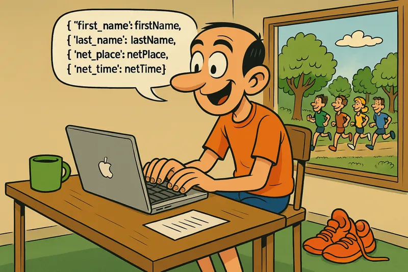 Jorge trabajando en su portátil. En el bocadillo aparece un fragmento JSON con campos en snake-case y su valor en camel-case.