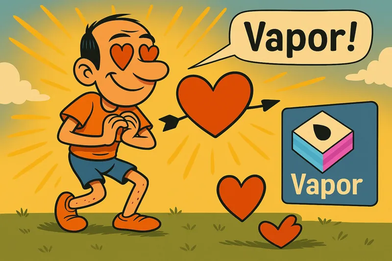 Jorge, al ver el logotipo del framework Vapor, se enamora a primera vista: ojos de corazón y varios corazones flotando alrededor.