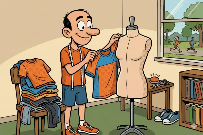 Jorge como sastre sosteniendo una camiseta deportiva frente a un maniquí, con prendas apiladas en una silla a su lado, representando cómo se ensamblan las piezas de un modelo (índices, claves foráneas, restricciones únicas) para dar forma a la estructura final de la base de datos.