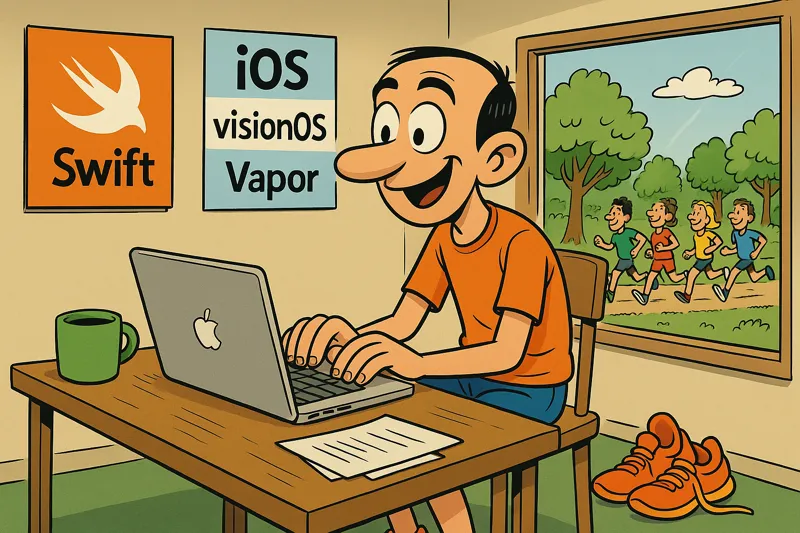 “Mi primer artículo.” Ilustración estilo cómic de un programador pensativo frente a un portátil Apple, escribiendo su primer artículo en su sitio web personal.