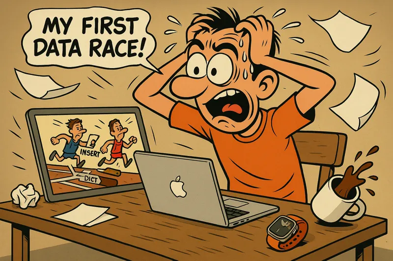Mi primera condición de carrera. Un programador estresado mira su portátil mientras sufre, simbolizando el caos de un bug de concurrencia en su código.