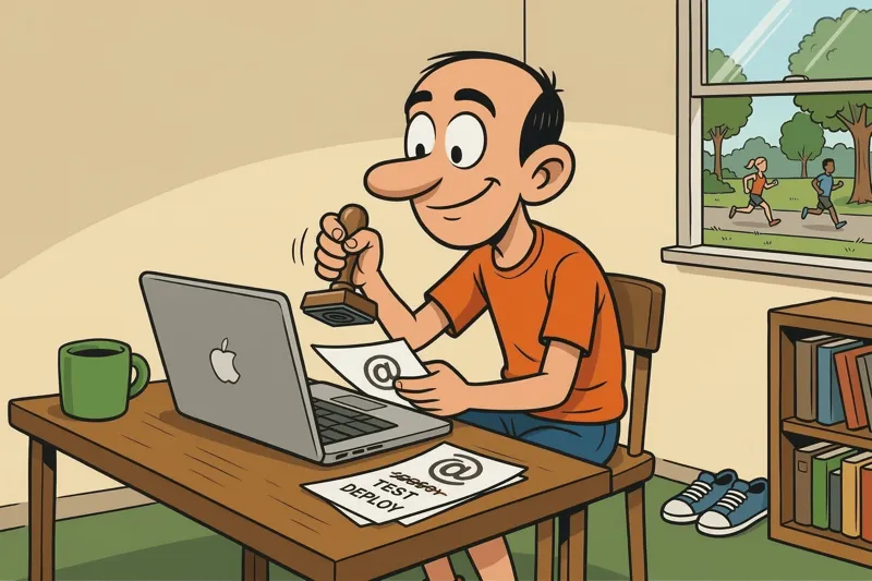 Jorge en su escritorio junto a su MacBook, estampando el símbolo @ con un sello sobre unos documentos.