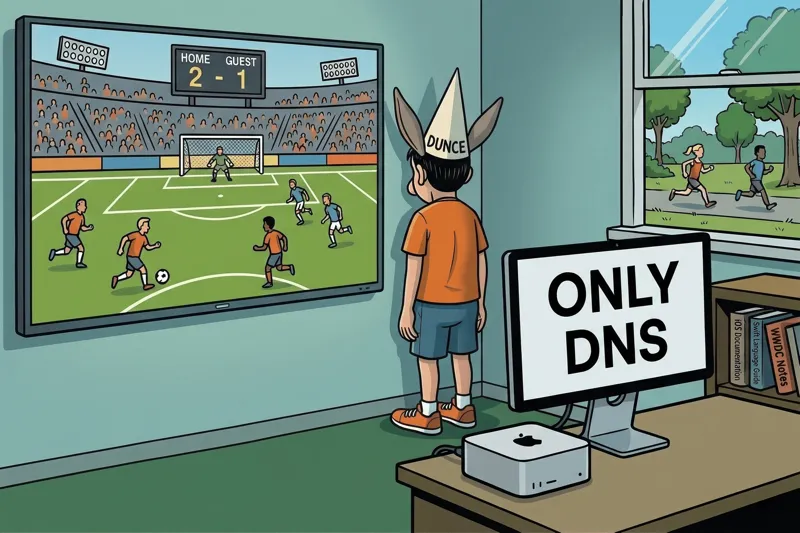Ilustración estilo cómic: Jorge con un gorro de burro de pie frente a un televisor que muestra un partido de fútbol con marcador 2-1, mientras a su derecha un Mac mini con un monitor muestra el texto 'ONLY DNS' en letras grandes.