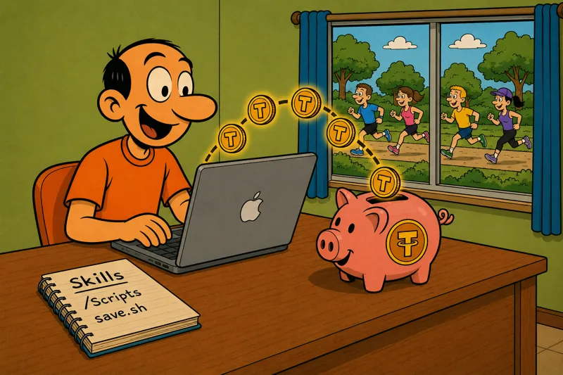 Illustration of Jorge coding on his laptop while a row of golden tokens marked with the letter T falls from the screen into a piggy bank, next to a notebook labeled Skills /scripts save.sh and a window in the background showing runners in the park.