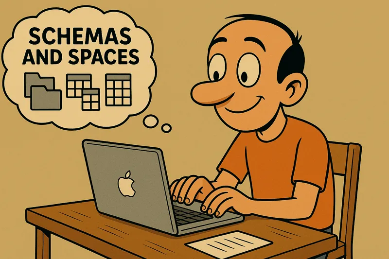 Jorge sentado programando pensando en Schemas y Spaces