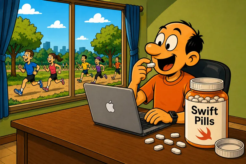 Jorge sentado en su escritorio frente a su MacBook con logo de Apple, tomando una píldora de un frasco grande etiquetado Swift Pills con el logo de Swift, mientras por la ventana se ven corredores en un parque con árboles y cielo azul.