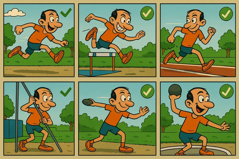 Jorge participando en las distintas pruebas de una Decatlón y checkeando las realizadas.