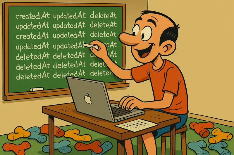 Jorge escribiendo con una mano en una pizarra 1000 veces, createdAt, updatedAt y deletedAt. Con la otra mano mientras tanto programa.