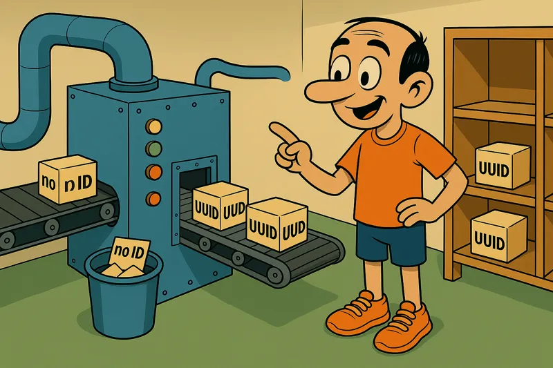 Jorge supervisa una máquina de clasificación. Una cinta transportadora mueve cajas: las que no tienen ID caen en un cubo de descarte, mientras que las cajas con la etiqueta UUID continúan y se colocan en una estantería.