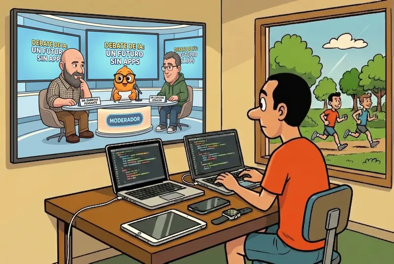 Illustration of a developer coding at his desk with two laptops while watching a large screen showing an AI debate titled A future without apps, with a window in the background showing people running outdoors.