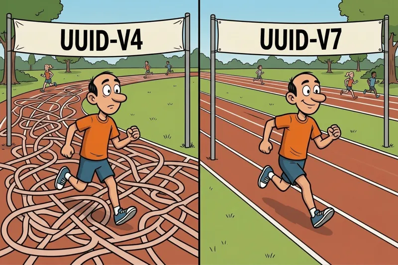 Ilustración comparativa estilo cómic: a la izquierda Jorge con UUID-V4 atrapado en una pista enredada y caótica, a la derecha Jorge con UUID-V7 avanzando por una pista de atletismo ordenada y recta.
