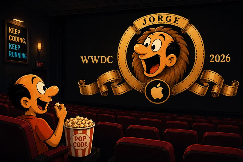 Jorge sitting in an MGM-style cinema room, looking at the screen with the WWDC 2026 logo and the lion shield, eating popcorn from a red bucket labeled Pop Code, while a poster on the wall reads Keep Coding Keep Running.