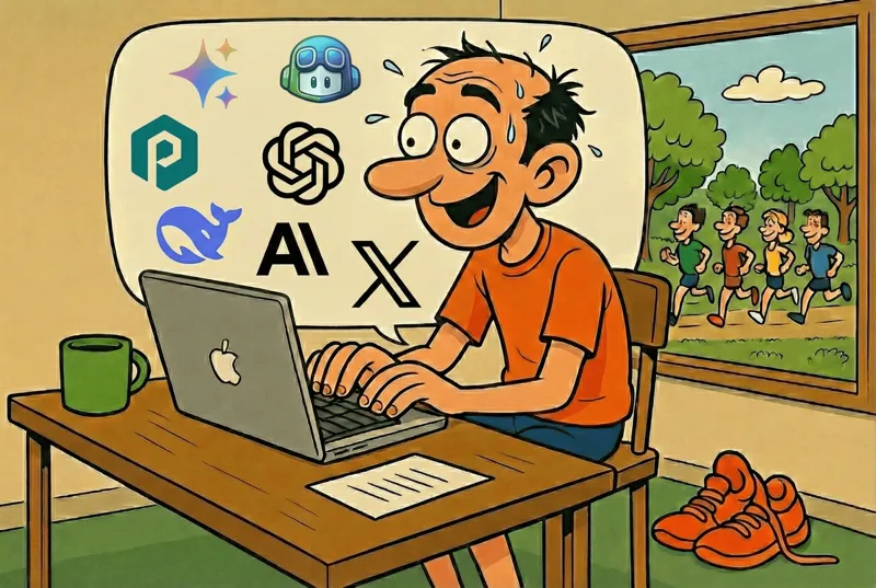 Jorge frente a su pantalla programando y un bocadillo con iconos de las distintas inteligencias artificiales que hay y volviendose loco por cual usar.