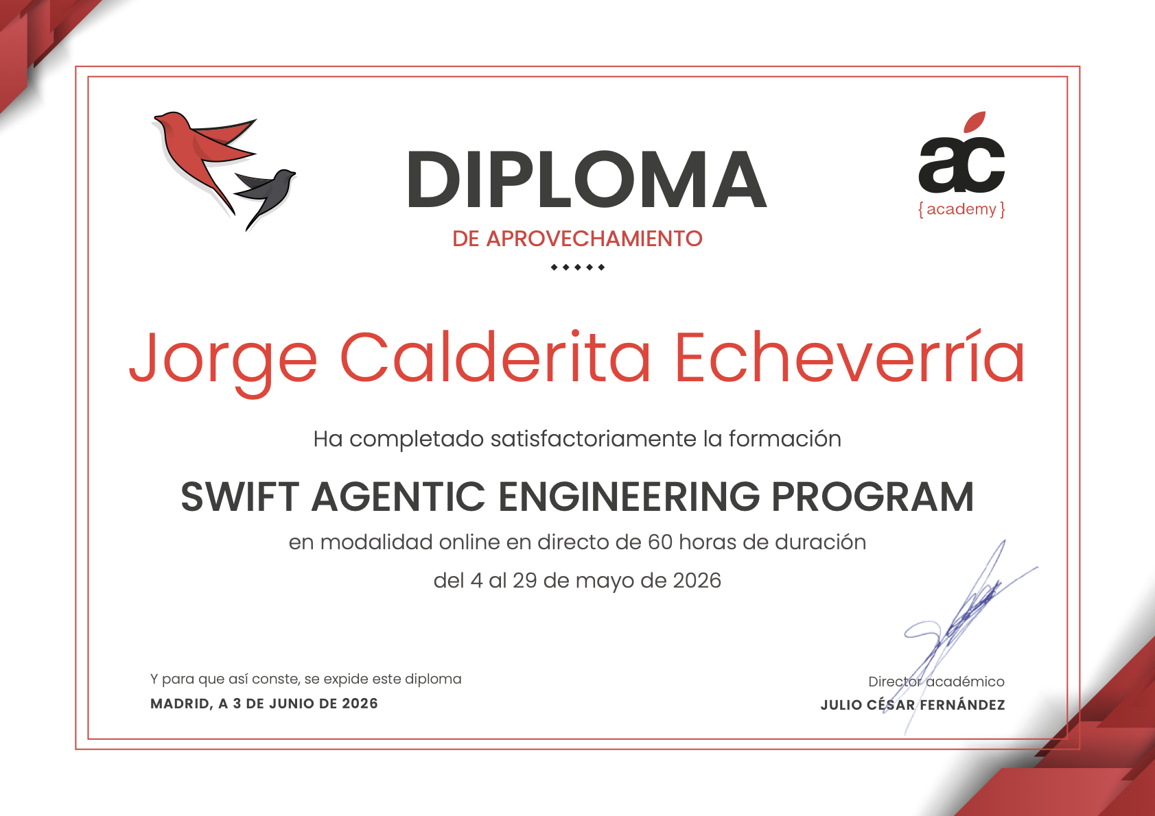 Certificate of completion, 60 hours.