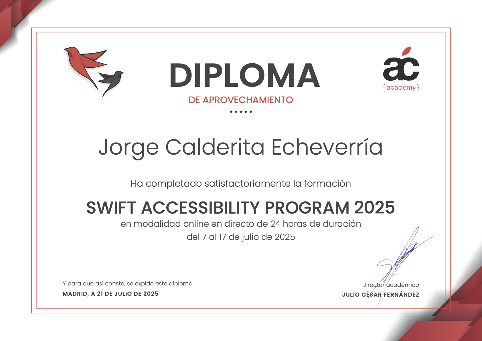 Diploma aprovechamiento, 24 horas.