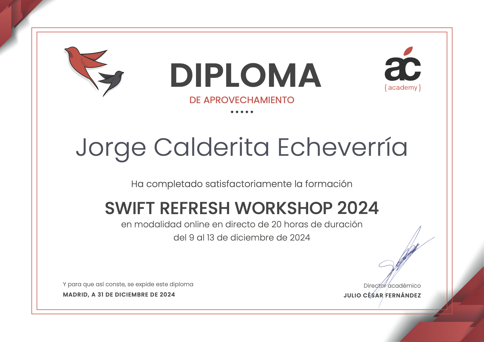 Diploma aprovechamiento, 20 horas.