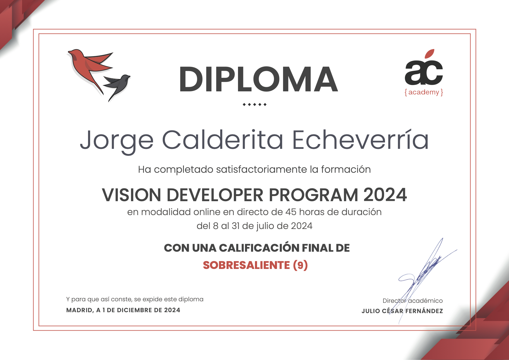 Diploma, 45 horas, nota proyecto 9.